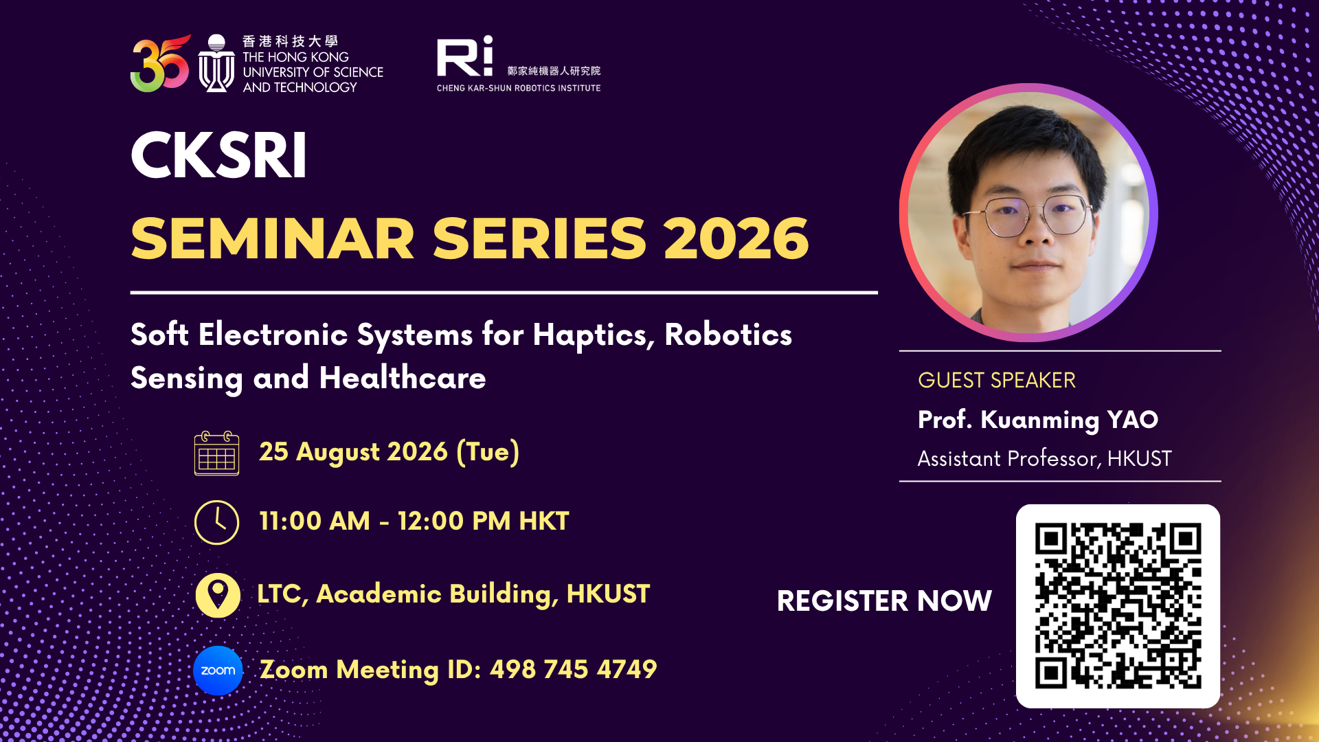 CKSRI Seminar Series 2026 poster for Prof. Kuanming Yao